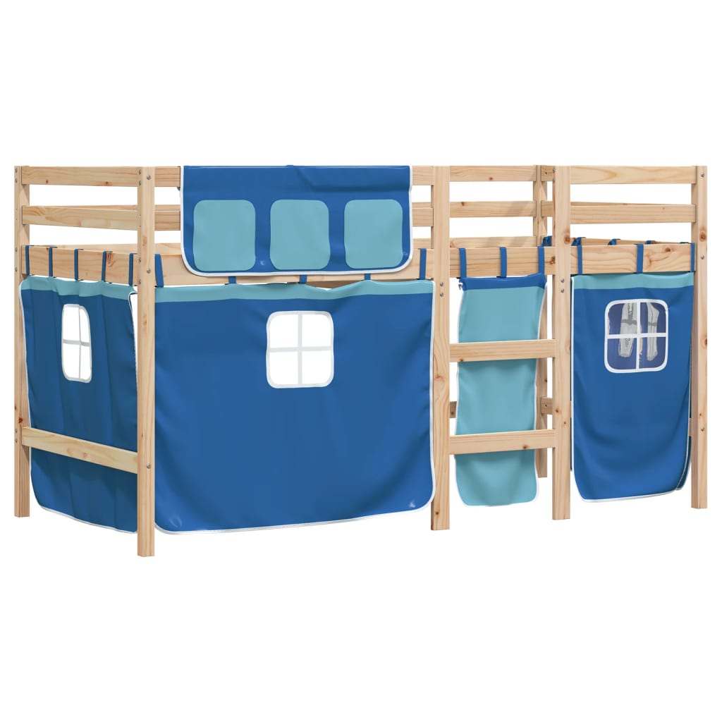 Letto A Soppalco Con Tende Bambini Blu 90x200 Cm Massello Pino - Image 3