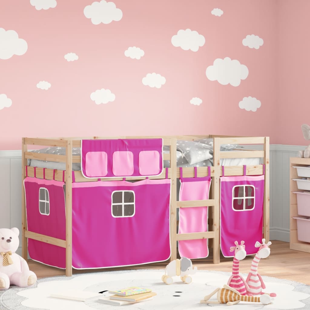 Letto A Soppalco Con Tende Bambini Rosa 90x200 Cm Massello Pino