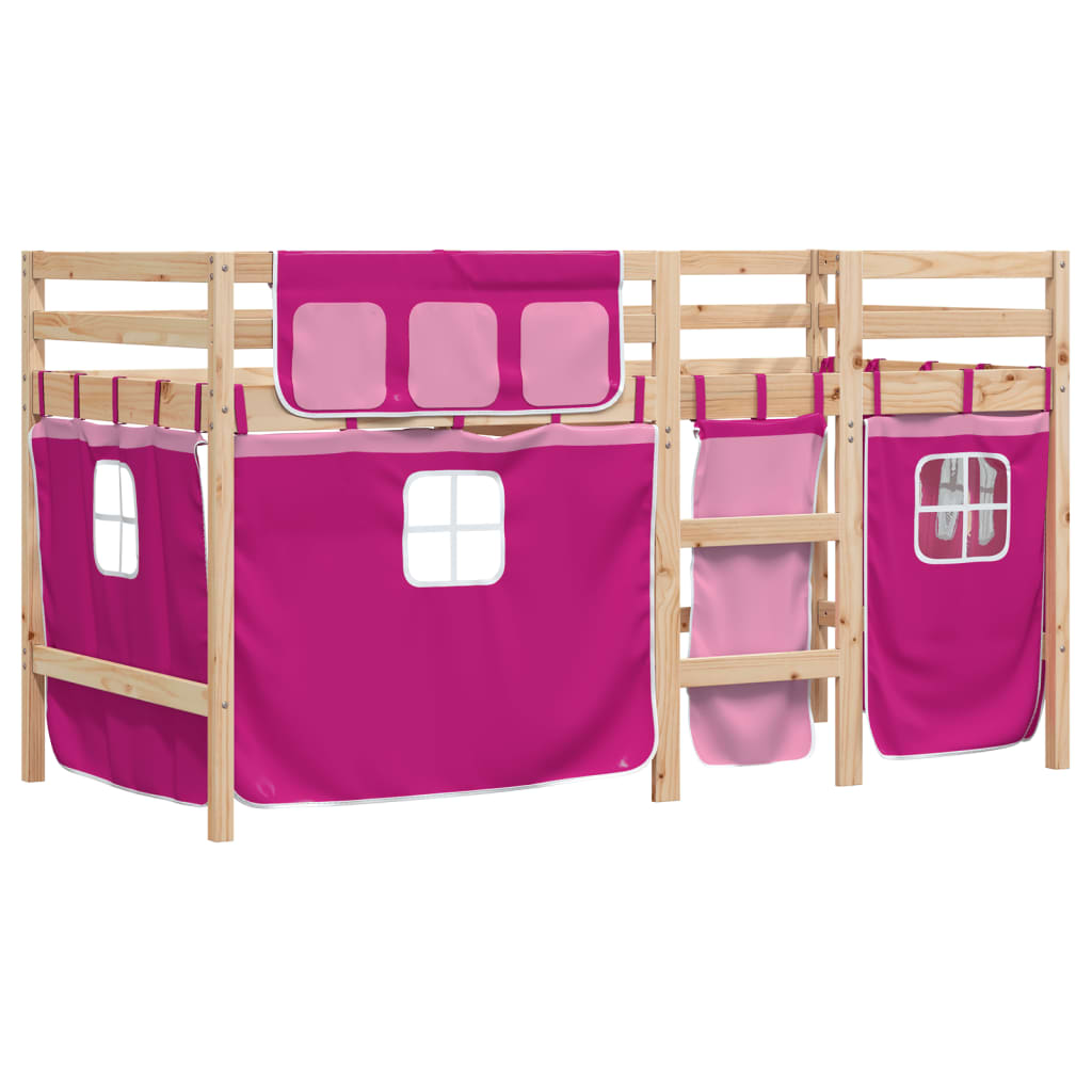 Letto A Soppalco Con Tende Bambini Rosa 90x200 Cm Massello Pino - Image 3