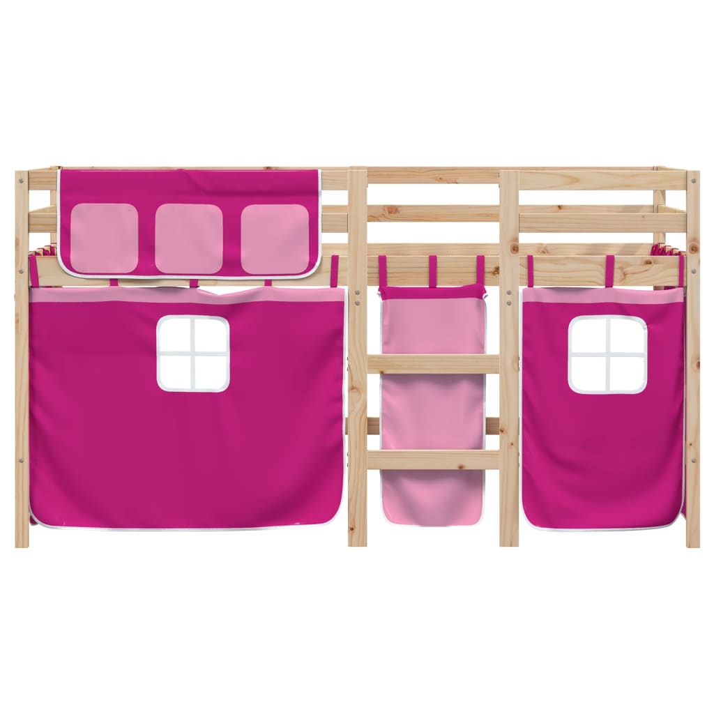 Letto A Soppalco Con Tende Bambini Rosa 90x200 Cm Massello Pino - Image 4