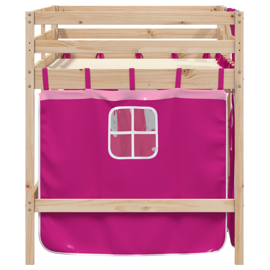 Letto A Soppalco Con Tende Bambini Rosa 90x200 Cm Massello Pino - Image 5