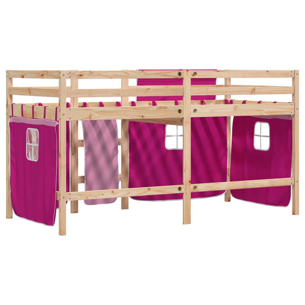 Letto A Soppalco Con Tende Bambini Rosa 90x200 Cm Massello Pino - Image 6