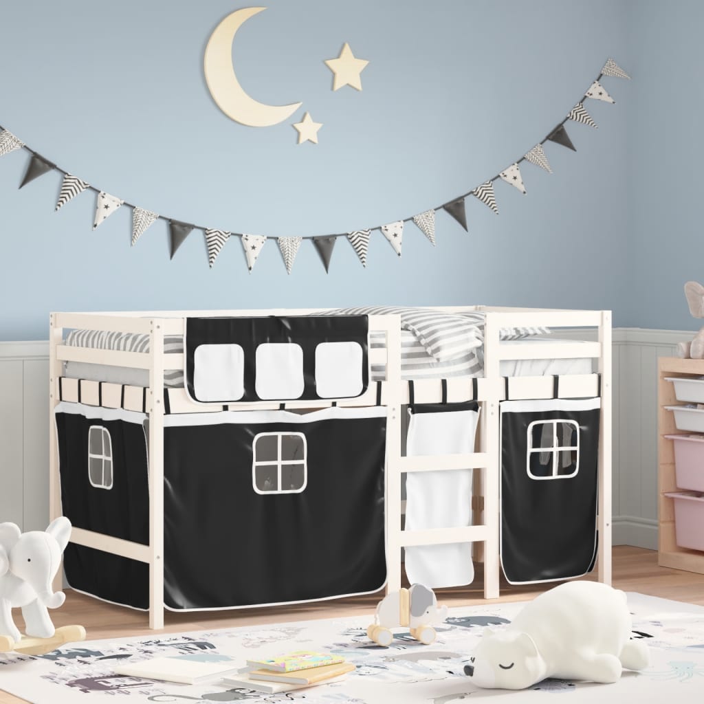 Letto A Soppalco Con Tende Bambini Bianco E Nero 90x200 Cm Pino