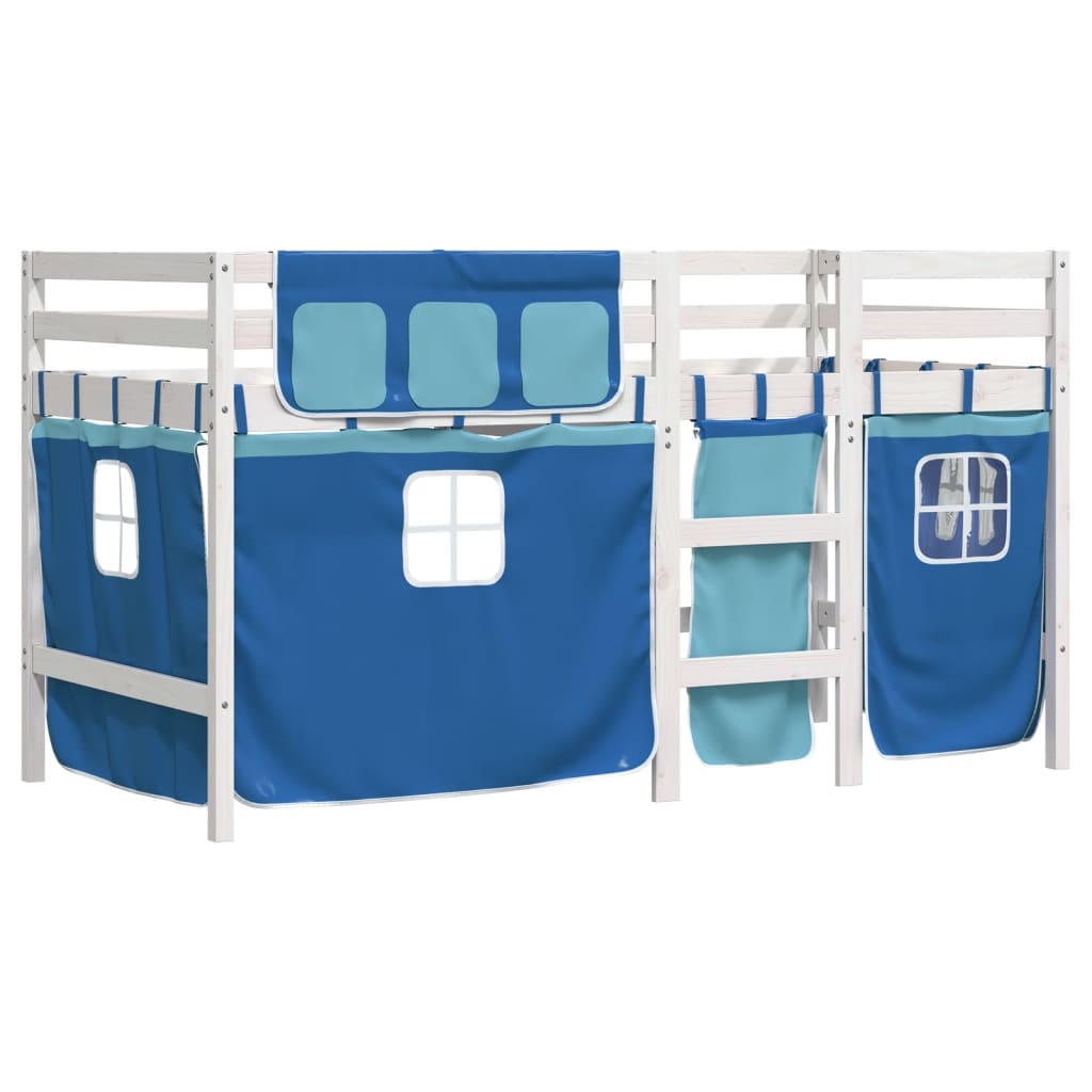 Letto A Soppalco Con Tende Bambini Blu 90x200 Cm Massello Pino - Image 3