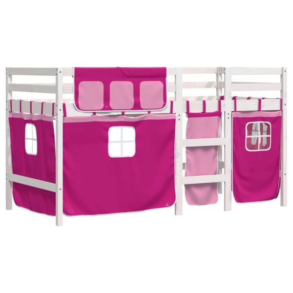 Letto A Soppalco Con Tende Bambini Rosa 90x200 Cm Massello Pino - Image 3