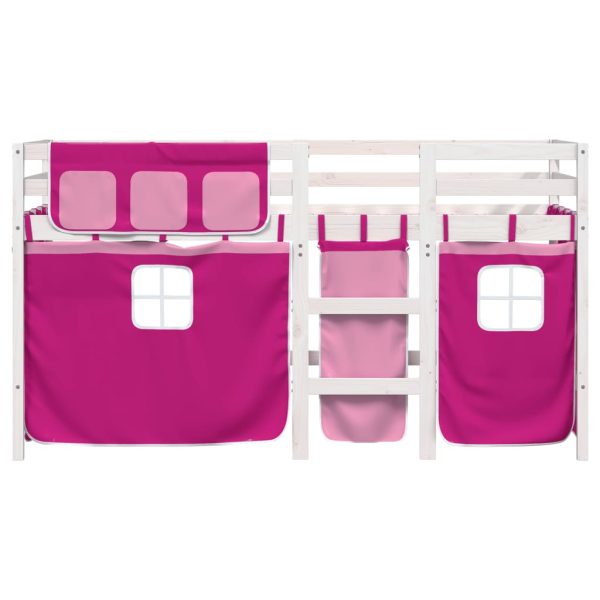 Letto A Soppalco Con Tende Bambini Rosa 90x200 Cm Massello Pino - Image 4