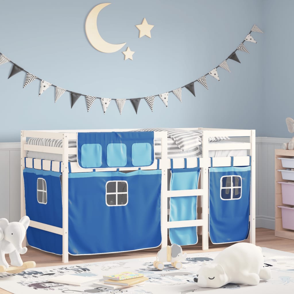 Letto A Soppalco Bambini Con Tende Blu 90x190 Cm Massello Pino