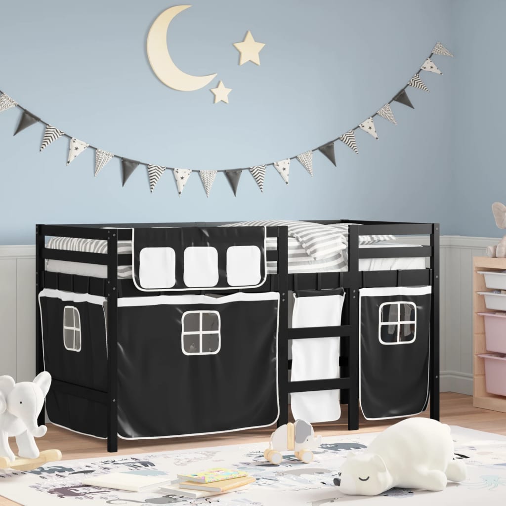 Letto A Soppalco Bambini Con Tende Bianco E Nero 90x190 Cm Pino