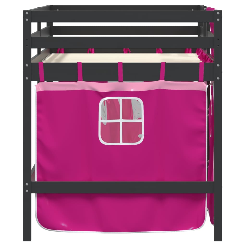 Letto A Soppalco Con Tende Bambini Rosa 90x190 Cm Massello Pino - Image 5