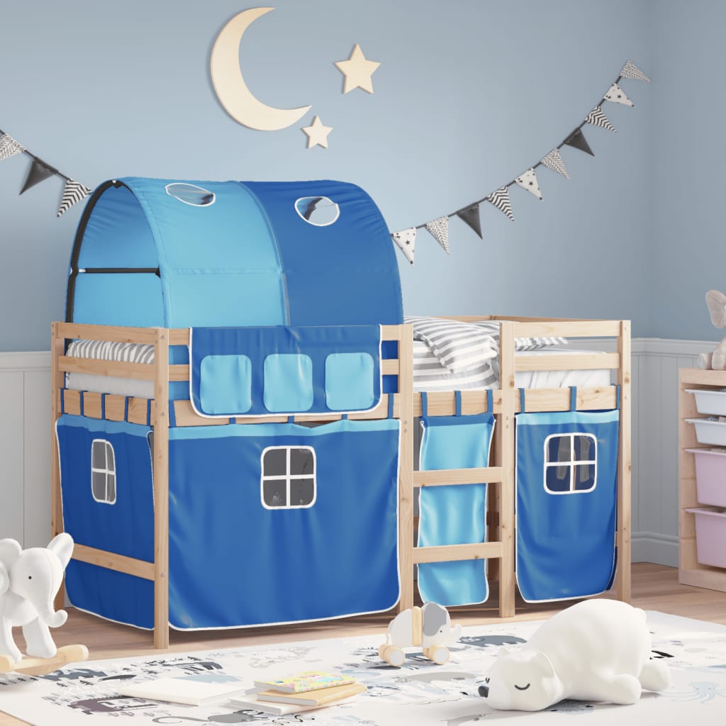 Letto A Soppalco Con Tunnel Bambini Blu 90x200cm Massello Pino