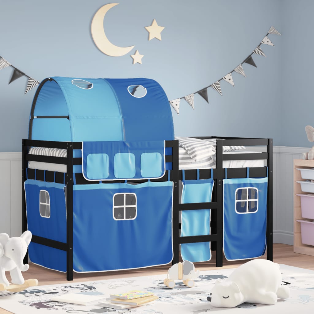 Letto A Soppalco Con Tunnel Bambini Blu 90x200cm Massello Pino