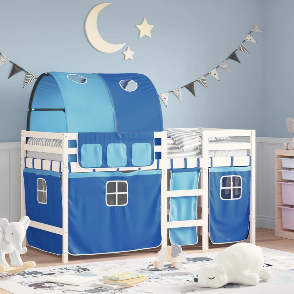 Letto A Soppalco Con Tunnel Bambini Blu 90x190cm Massello Pino