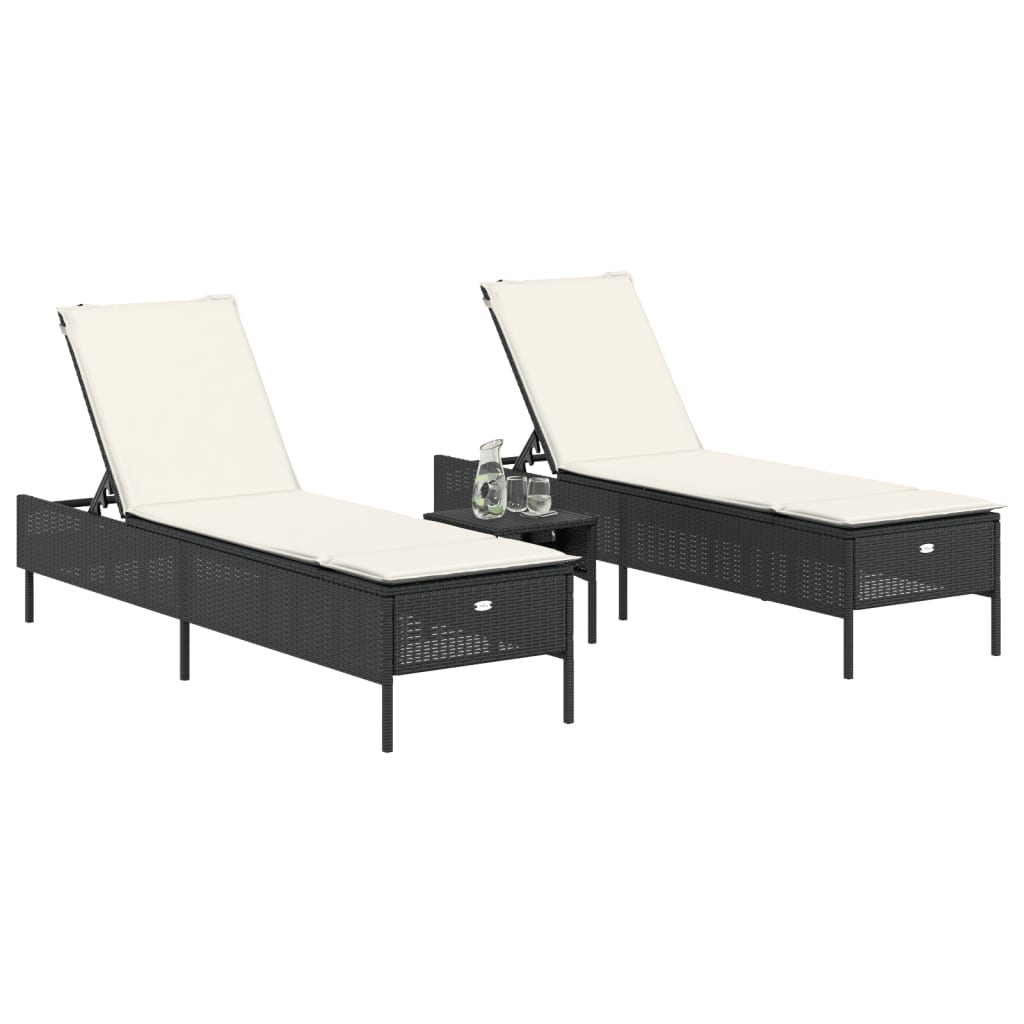 Set Lettini Prendisole Con Cuscini 3pz Nero In Polyrattan - Image 3