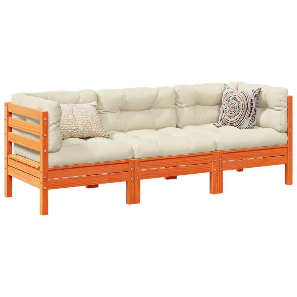 Set Divani Giardino 3 Pz Con Cuscini Marrone Cera Massello Pino