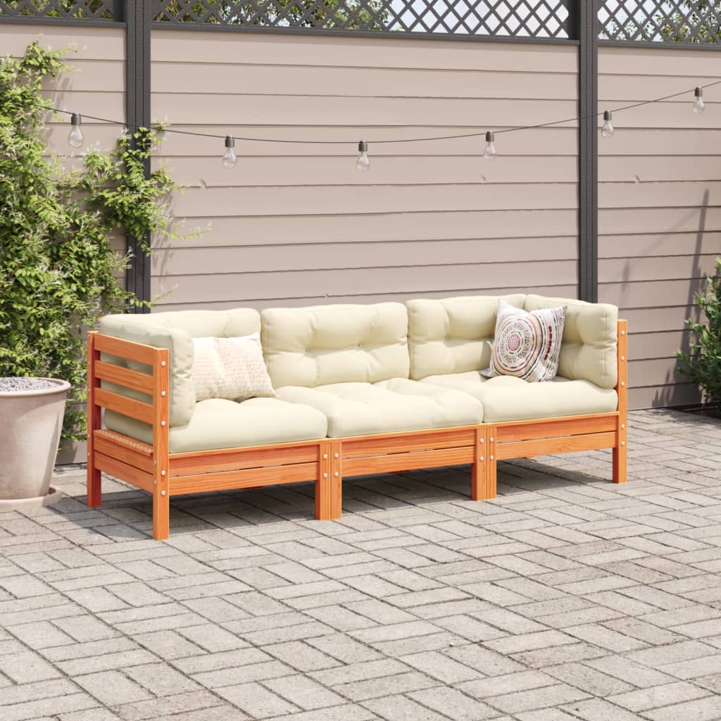 Set Divani Giardino 3 Pz Con Cuscini Marrone Cera Massello Pino - Image 3