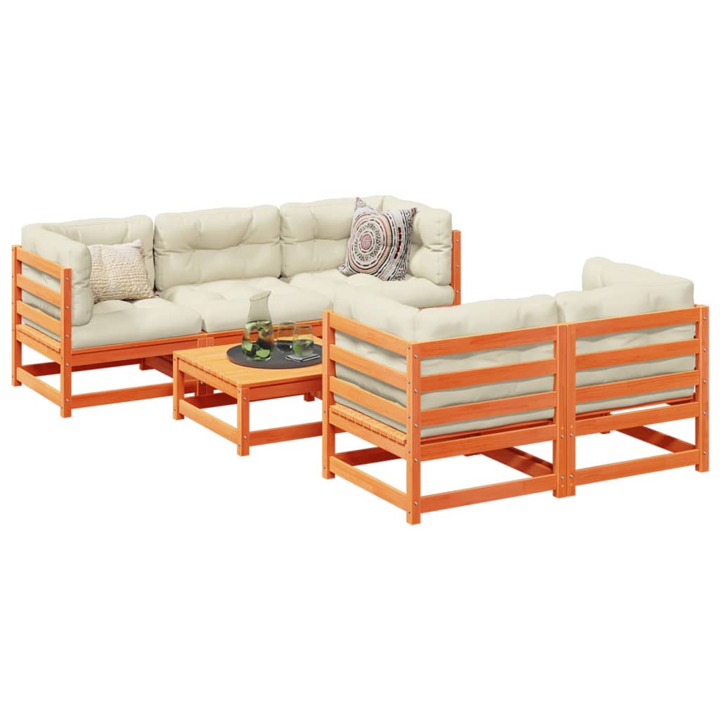 Set Divani Giardino 6pz Con Cuscini Marrone Cera Massello Pino