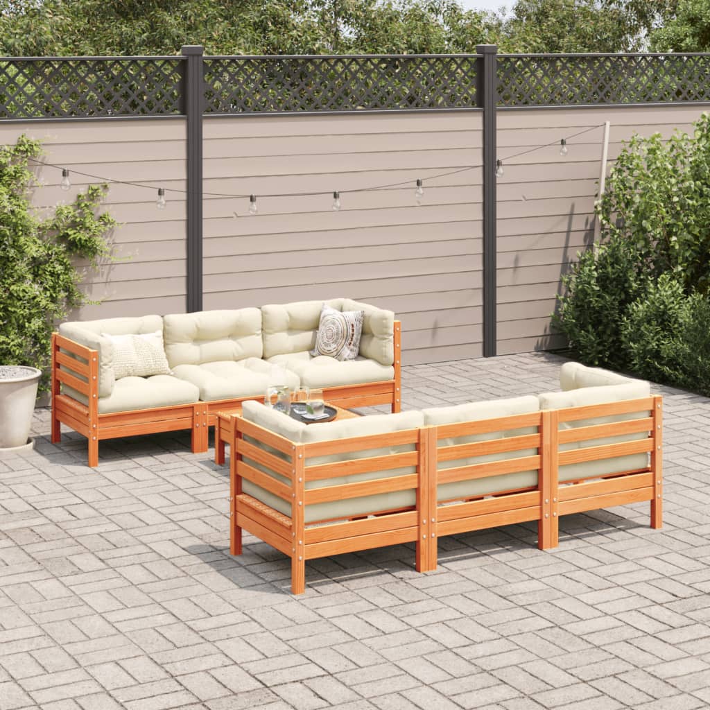 Set Divani Giardino 7 Pz Con Cuscini Marrone Cera Massello Pino - Image 3