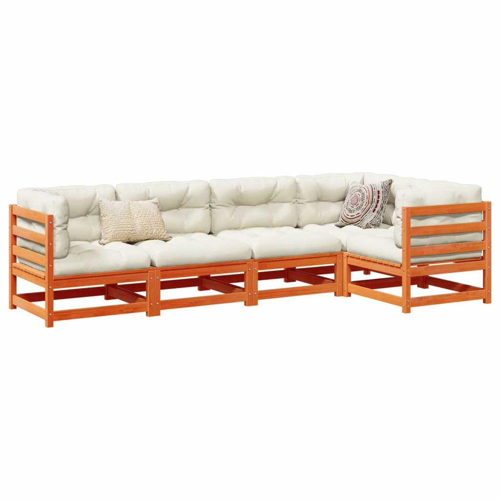 Set Divani Giardino 5pz Con Cuscini Marrone Cera Massello Pino