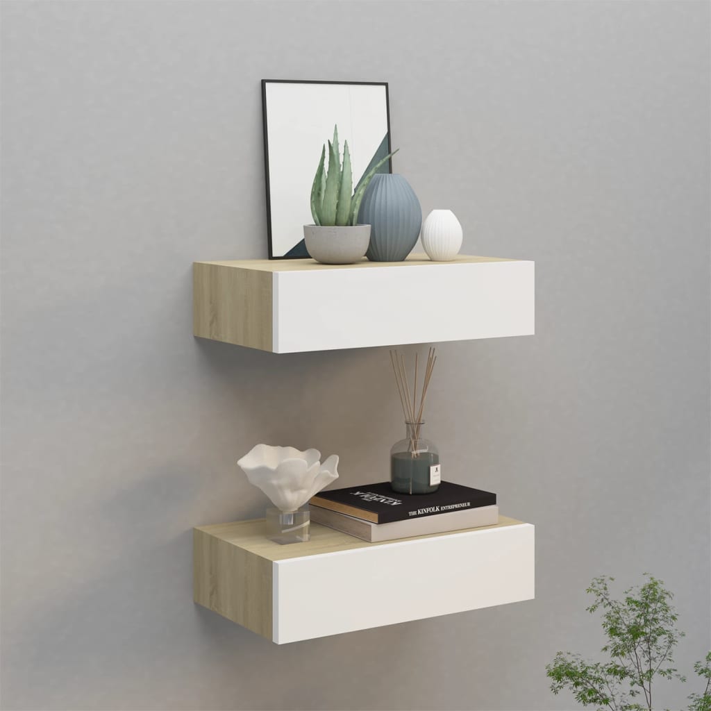 Scaffali Con Cassetti 2 Pz Rovere E Bianco 40x23,5x10 Cm In Mdf