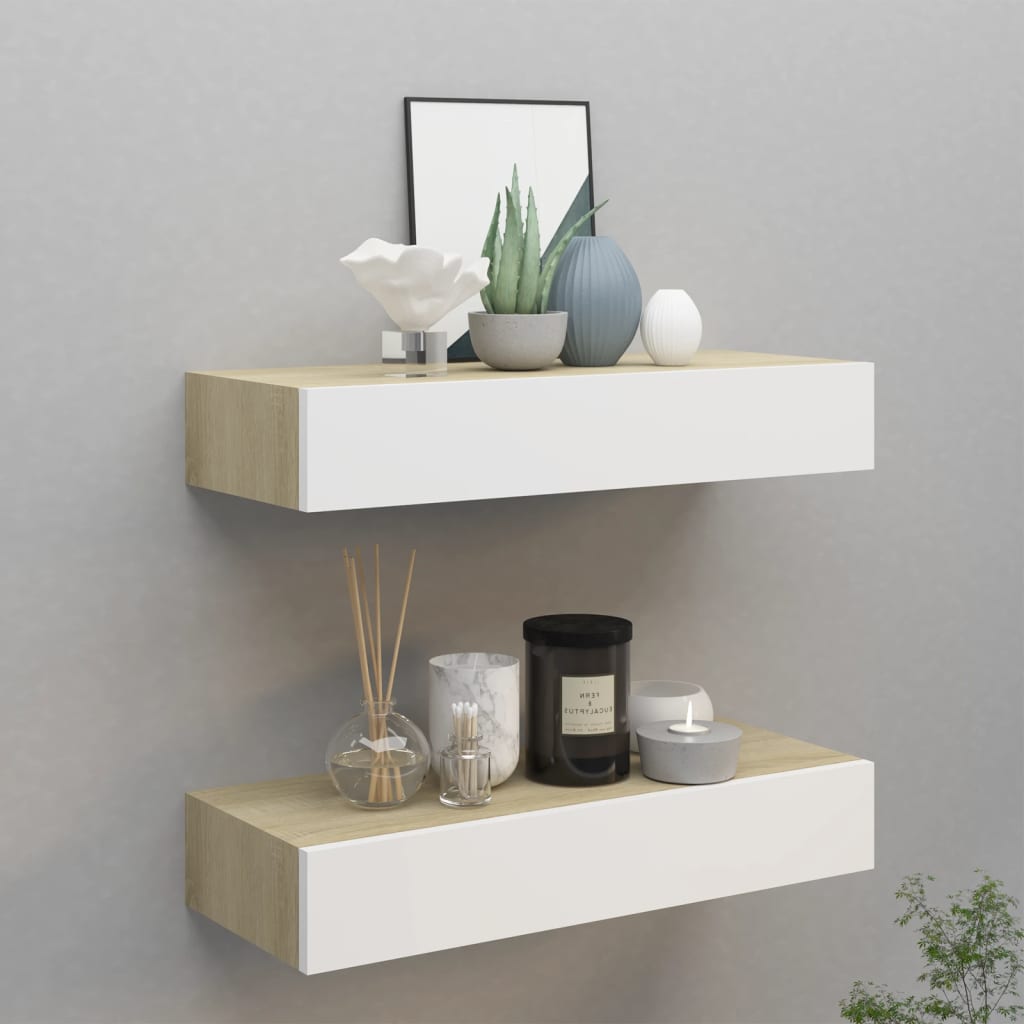 Scaffali Con Cassetti 2 Pz Rovere E Bianco 60x23,5x10 Cm In Mdf