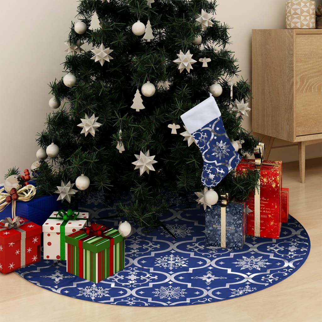 Gonna Albero Natale Raffinata Con Calza Blu In Tessuto 90 cm
