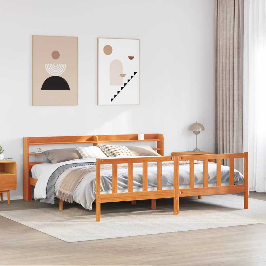 Giroletto Con Testiera Marrone Cera 200x200 Cm Massello Pino