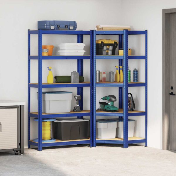 Set Di Scaffali 2pz A 5 Ripiani Blu Acciaio E Legno Multistrato - Image 3