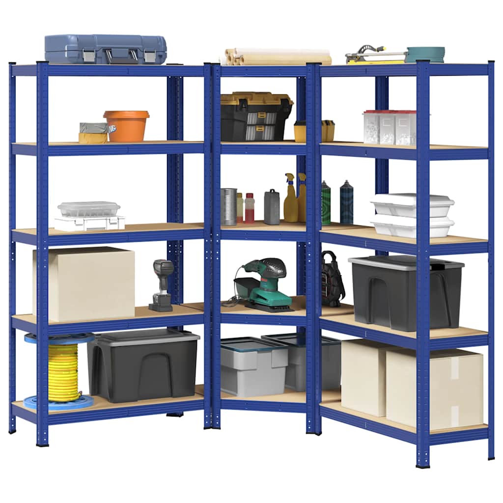 Scaffali A 5 Ripiani 3 Pz Blu In Acciaio E Legno Multistrato
