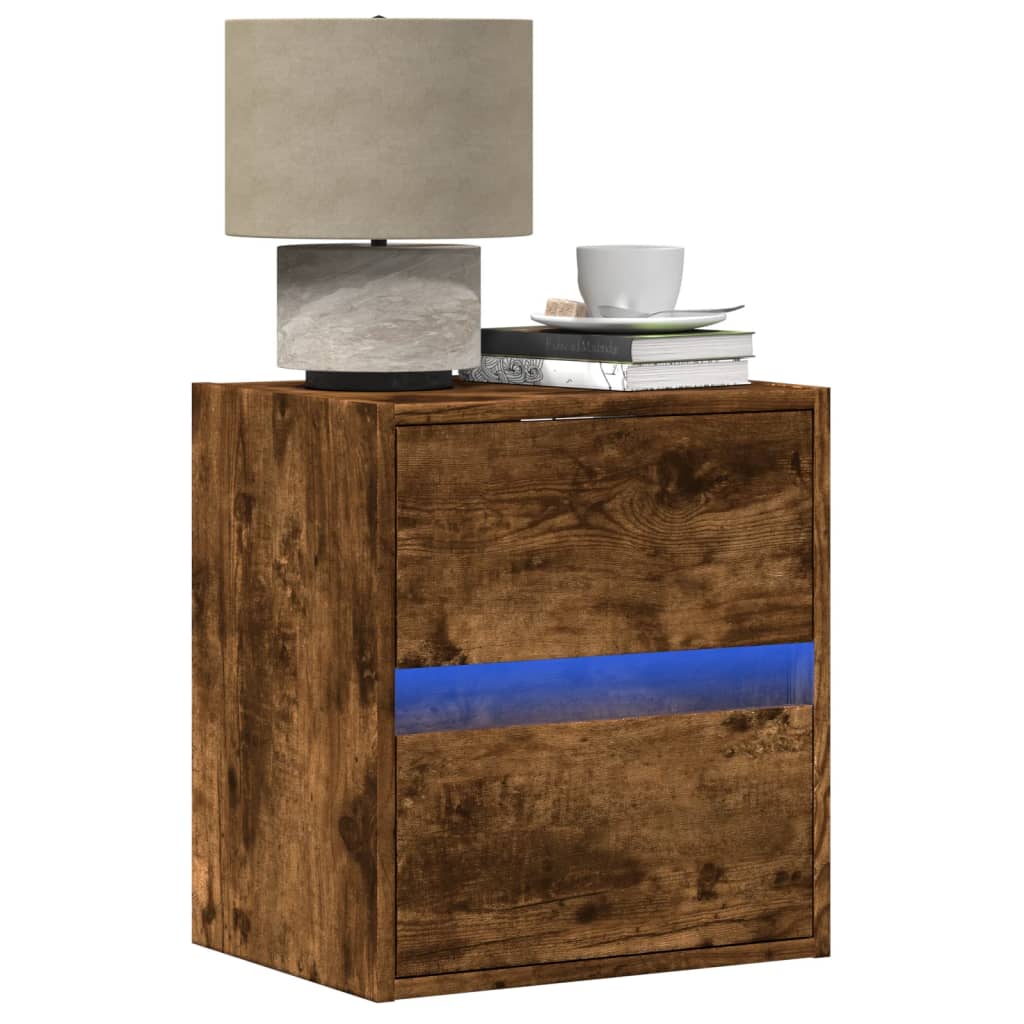 Comodino A Parete Con Luci Led Rovere Fumo