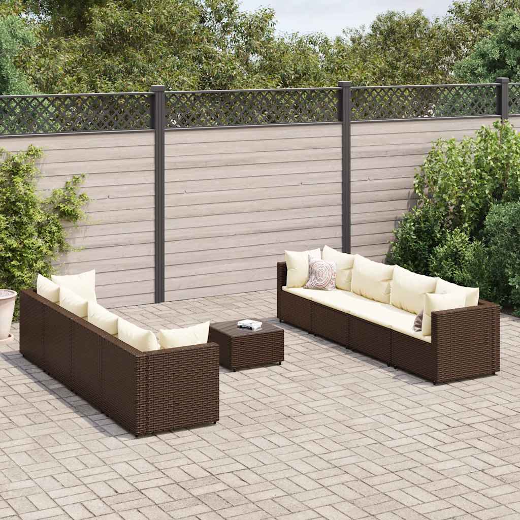 Set Divani Da Giardino 9 Pz Con Cuscini In Polyrattan Marrone