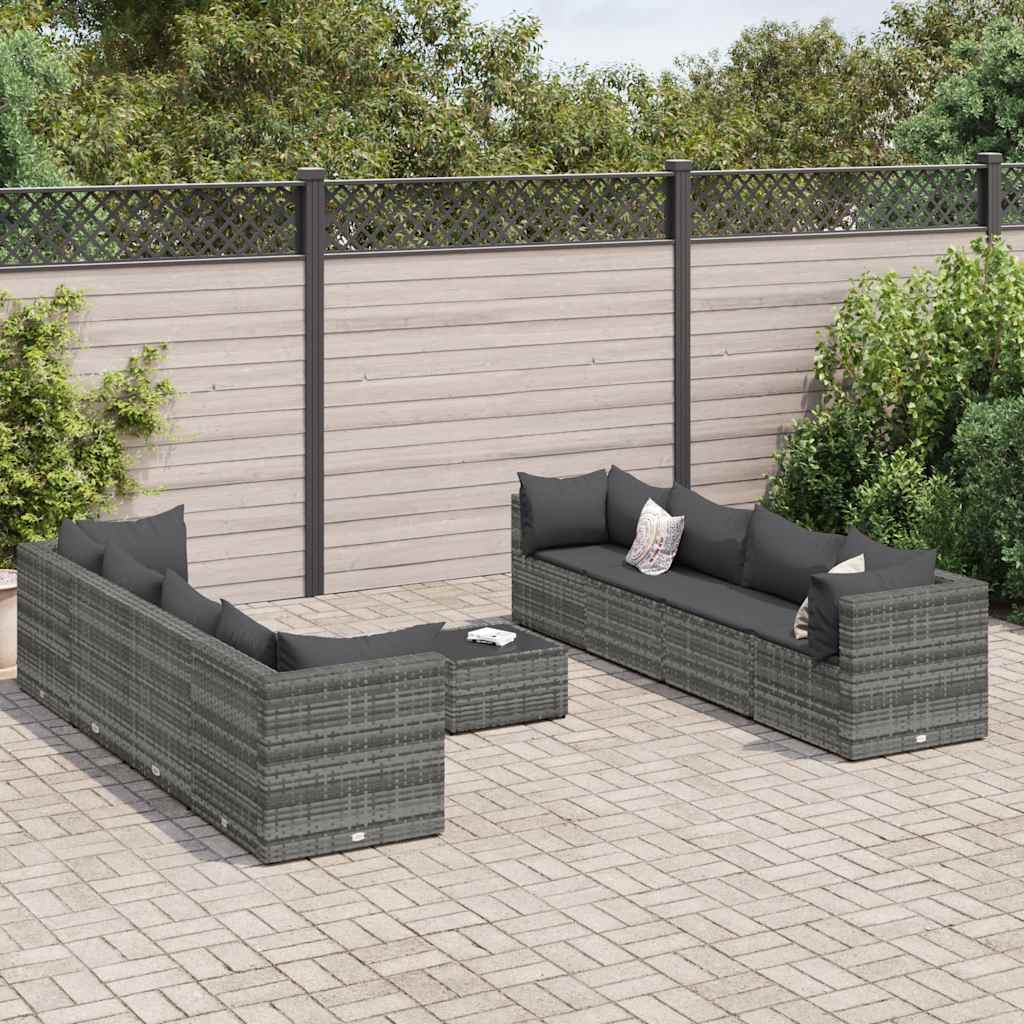 Set Divani Da Giardino 9 Pz Con Cuscini In Polyrattan Grigio