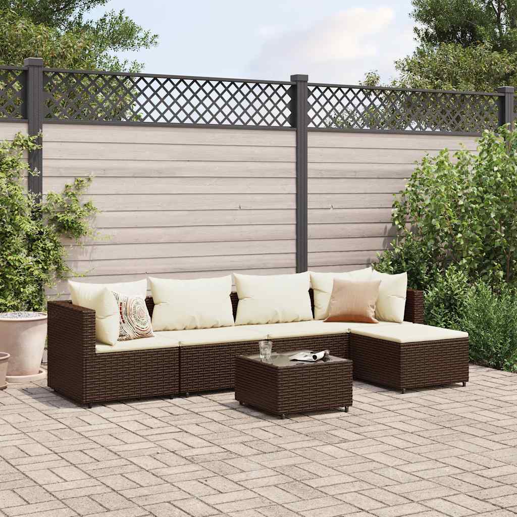 Set Mobili Da Giardino 6pz Con Cuscini In Polyrattan Marrone