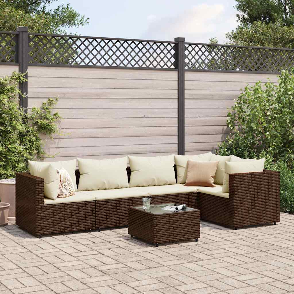 Set Mobili Da Giardino 6pz Con Cuscini In Polyrattan Marrone