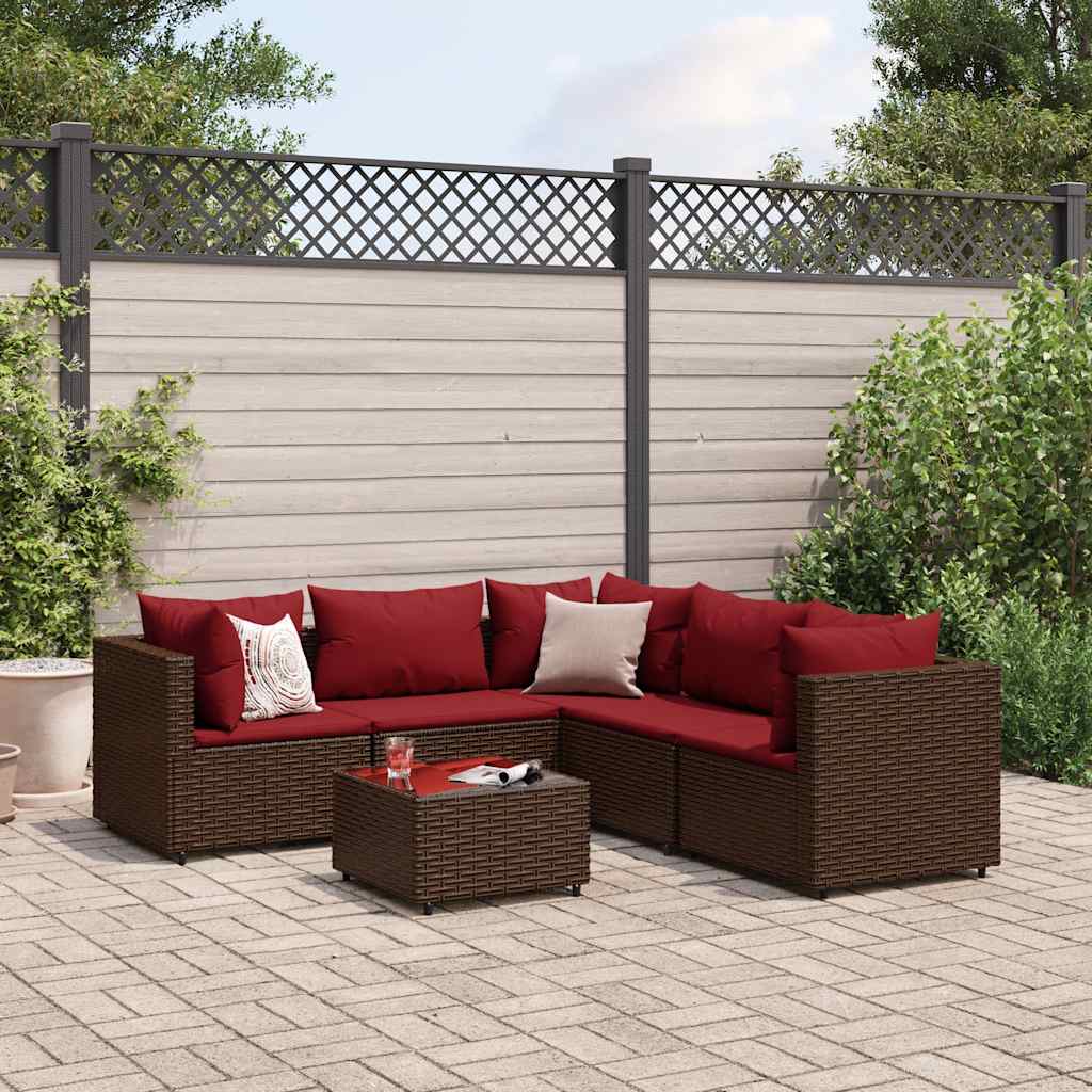 Set Mobili Da Giardino 6pz Con Cuscini In Polyrattan Marrone