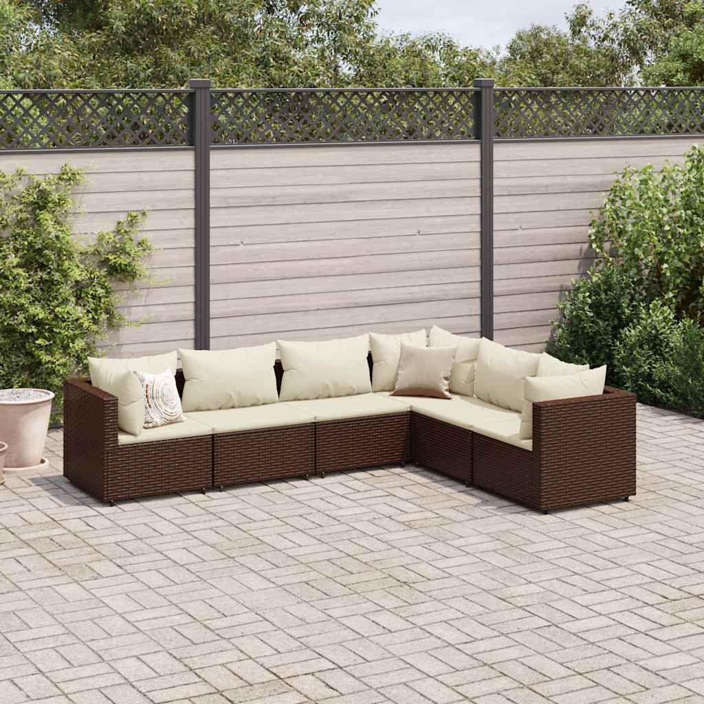 Set Mobili Da Giardino 6pz Con Cuscini In Polyrattan Marrone