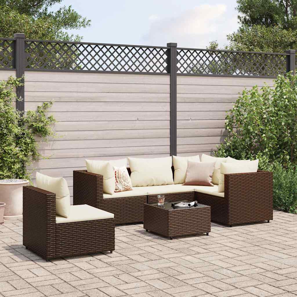 Set Mobili Da Giardino 6pz Con Cuscini In Polyrattan Marrone