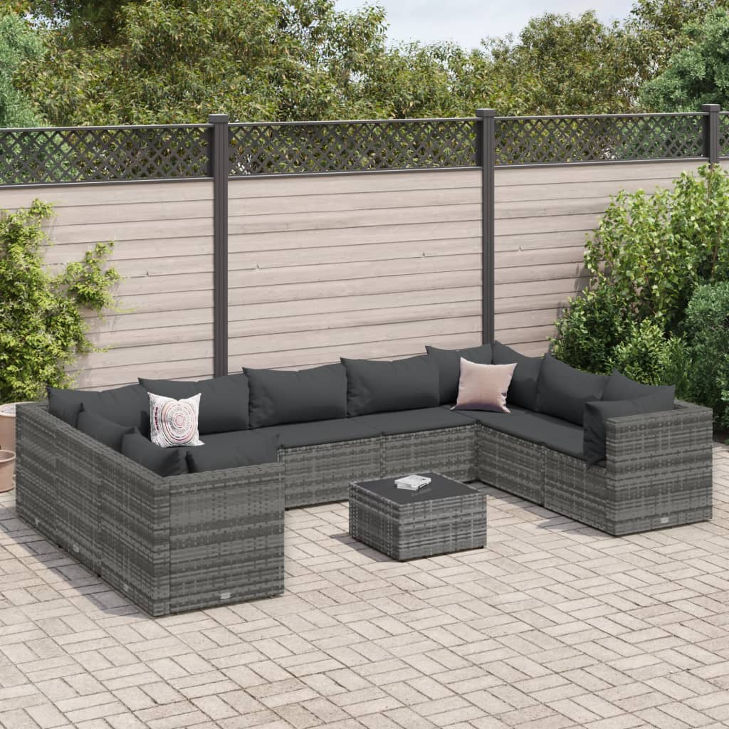 Set Divani Da Giardino 10 Pz Con Cuscini In Polyrattan Grigio