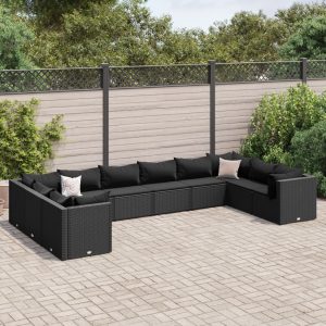 Set Salotto Da Giardino 10pz Con Cuscini In Polyrattan Nero