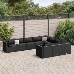 Set Divani Da Giardino 10pz Con Cuscini In Polyrattan Nero
