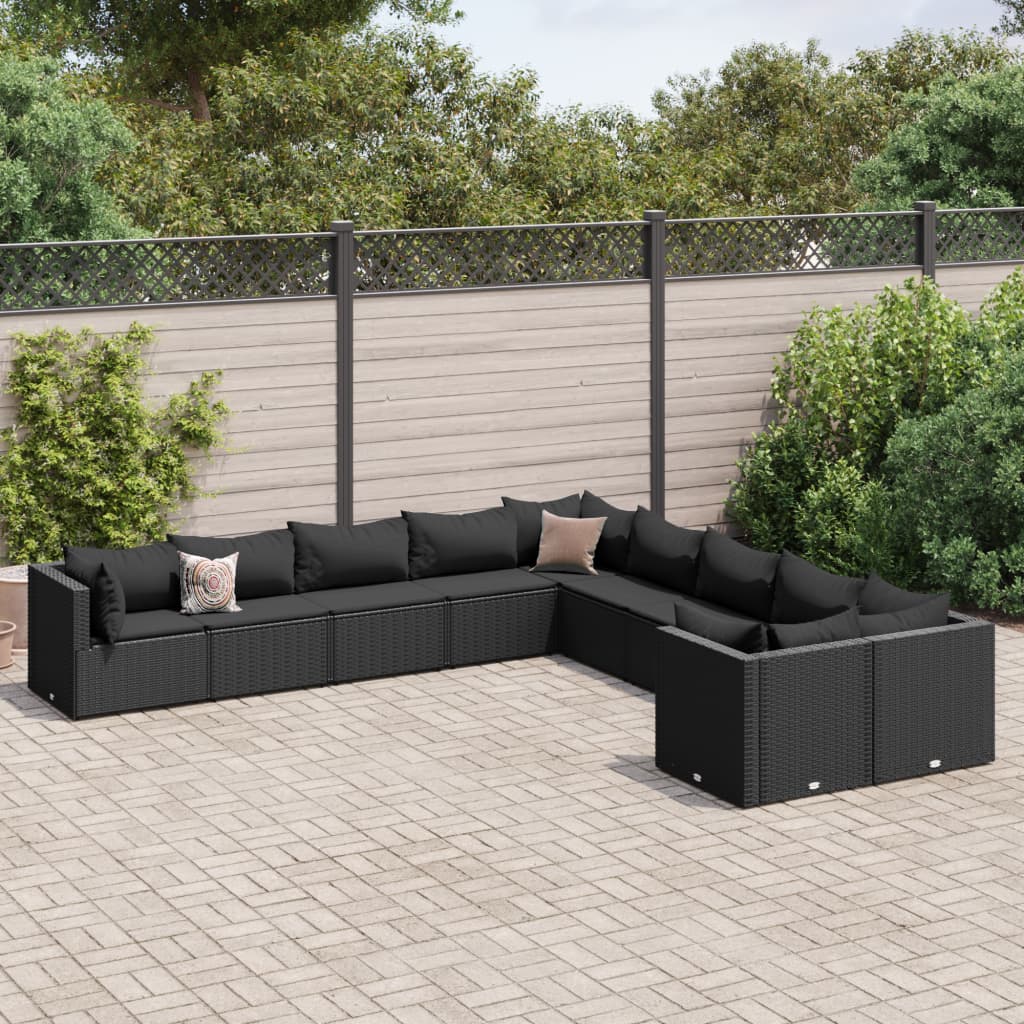 Set Divani Da Giardino 10pz Con Cuscini In Polyrattan Nero