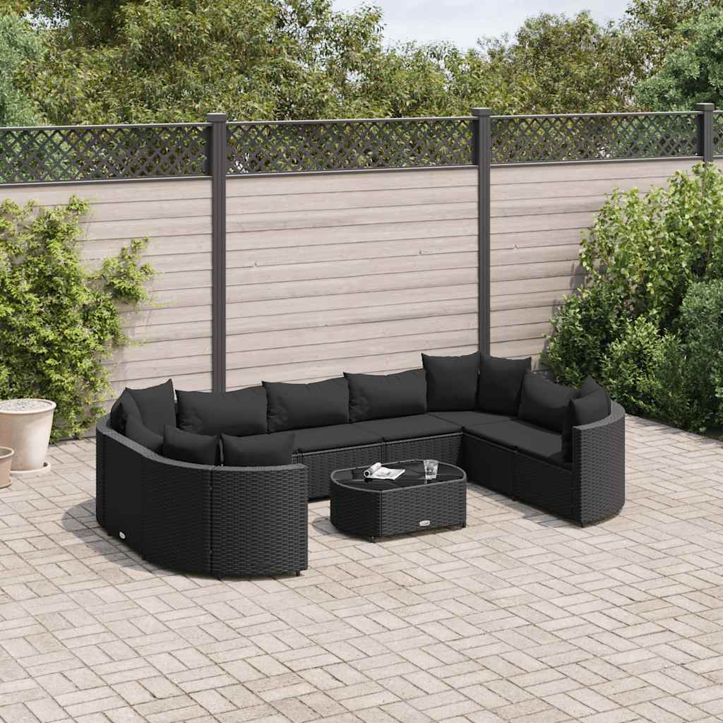 Set Divani Da Giardino 10pz Con Cuscini In Polyrattan Nero