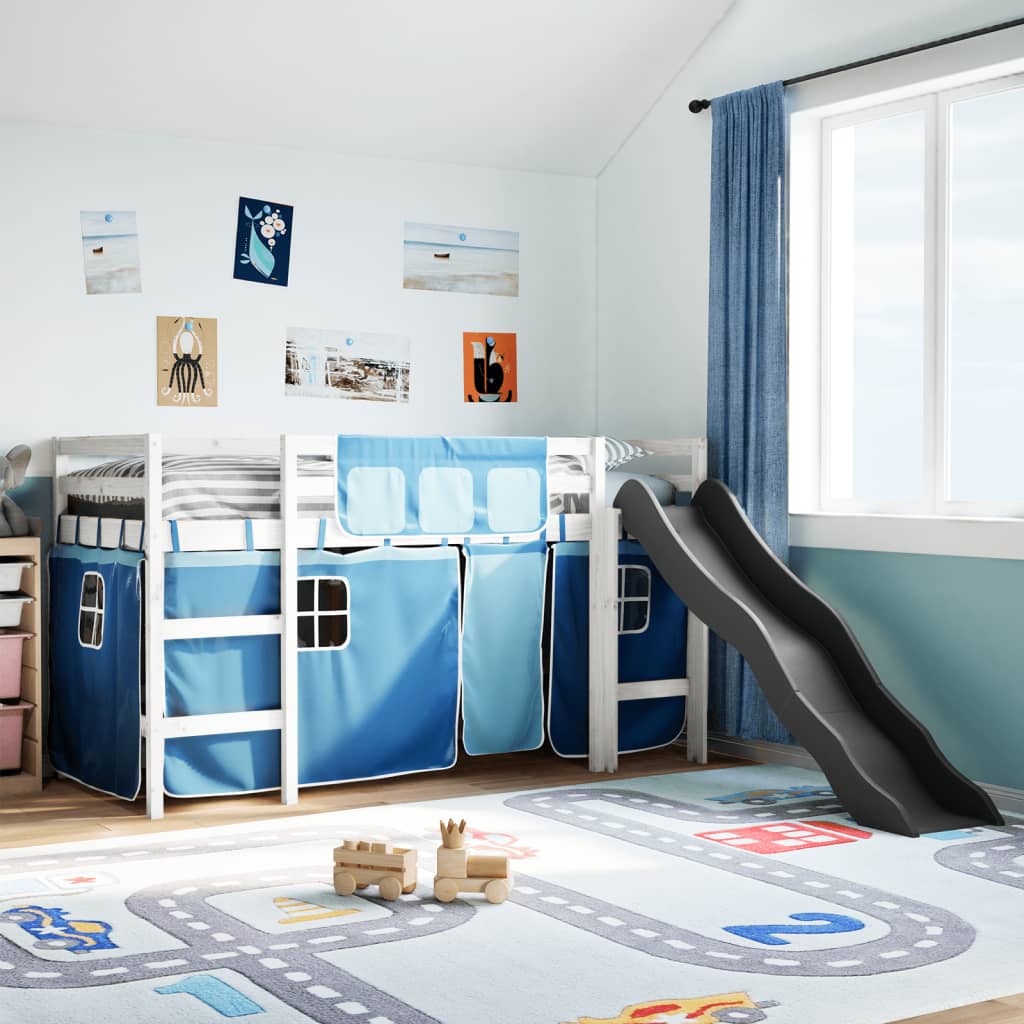 Letto A Soppalco Con Tende Bambini Blu 80x200 Cm Massello Pino