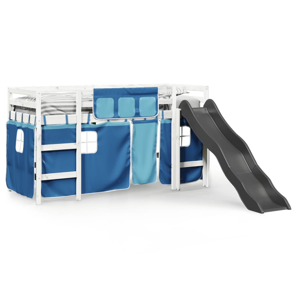 Letto A Soppalco Con Tende Bambini Blu 80x200 Cm Massello Pino - Image 3