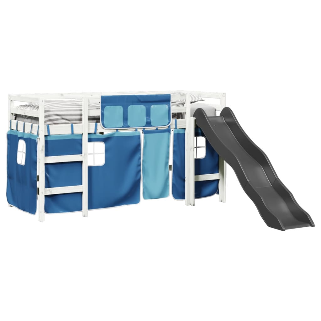 Letto A Soppalco Con Tende Bambini Blu 80x200 Cm Massello Pino - Image 4