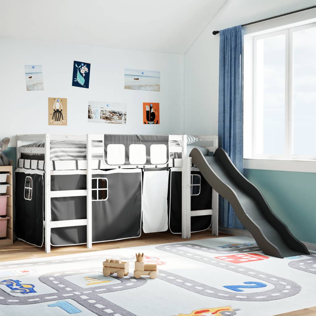 Letto A Soppalco Con Tende Bambini Bianco E Nero 90x200 Cm Pino