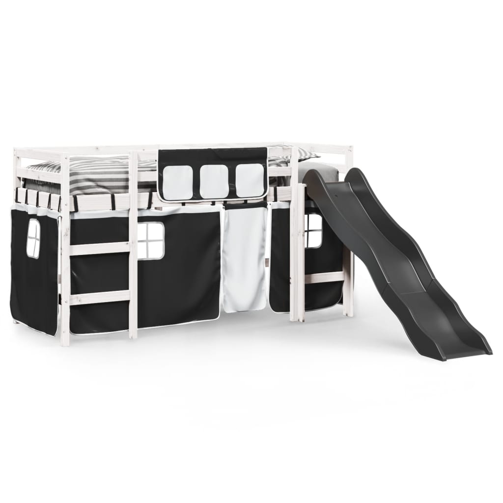Letto A Soppalco Con Tende Bambini Bianco E Nero 90x200 Cm Pino - Image 3
