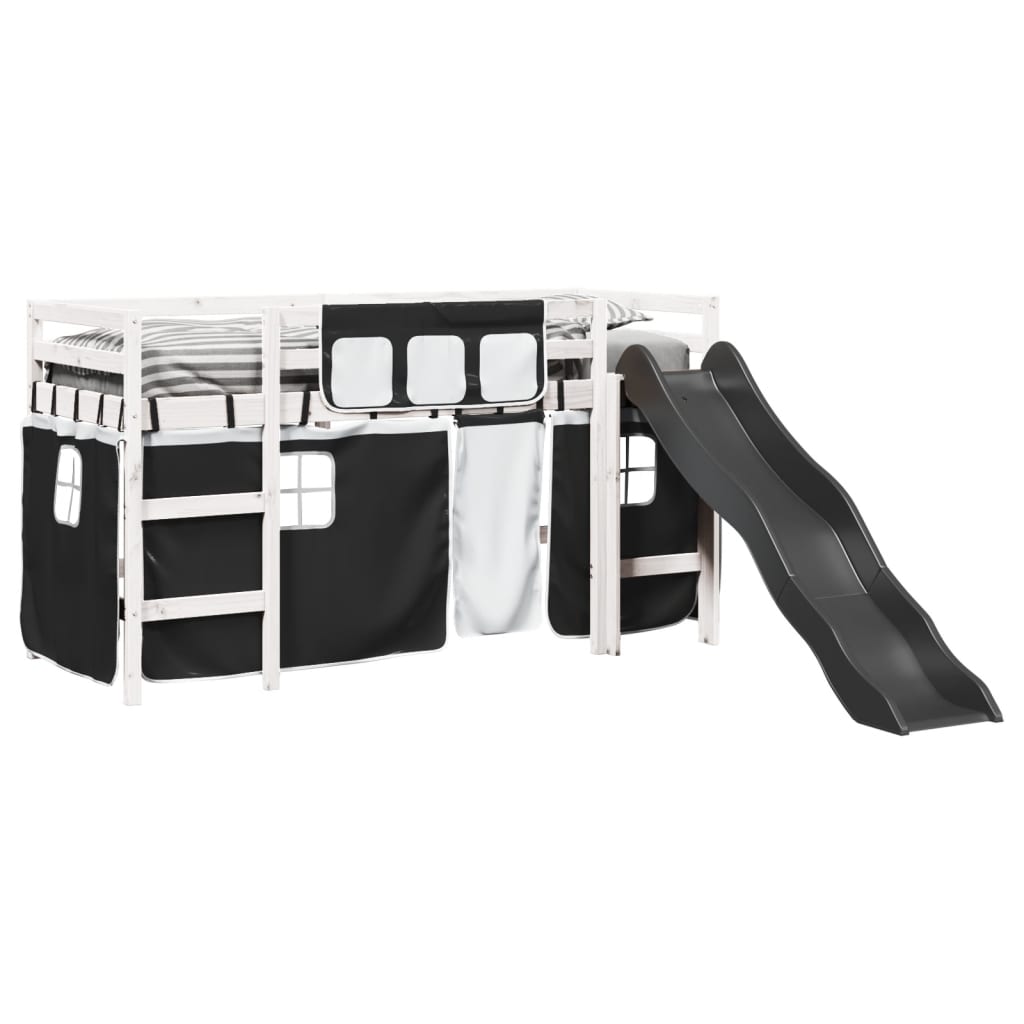 Letto A Soppalco Con Tende Bambini Bianco E Nero 90x200 Cm Pino - Image 4
