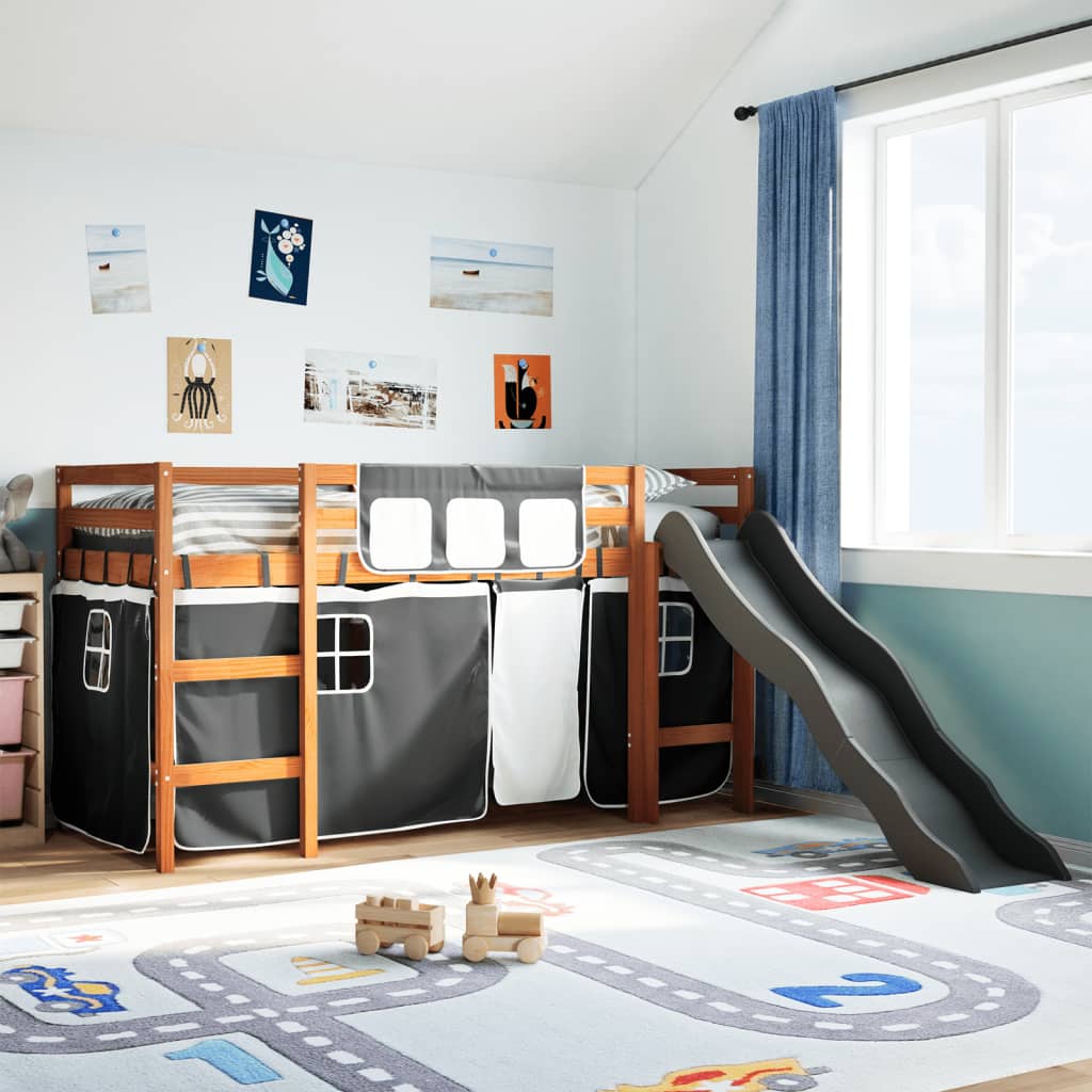 Letto A Soppalco Con Tende Bambini Bianco E Nero 90x200 Cm Pino