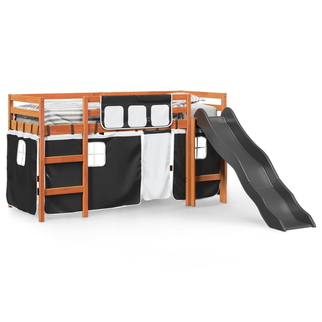 Letto A Soppalco Con Tende Bambini Bianco E Nero 90x200 Cm Pino - Image 3