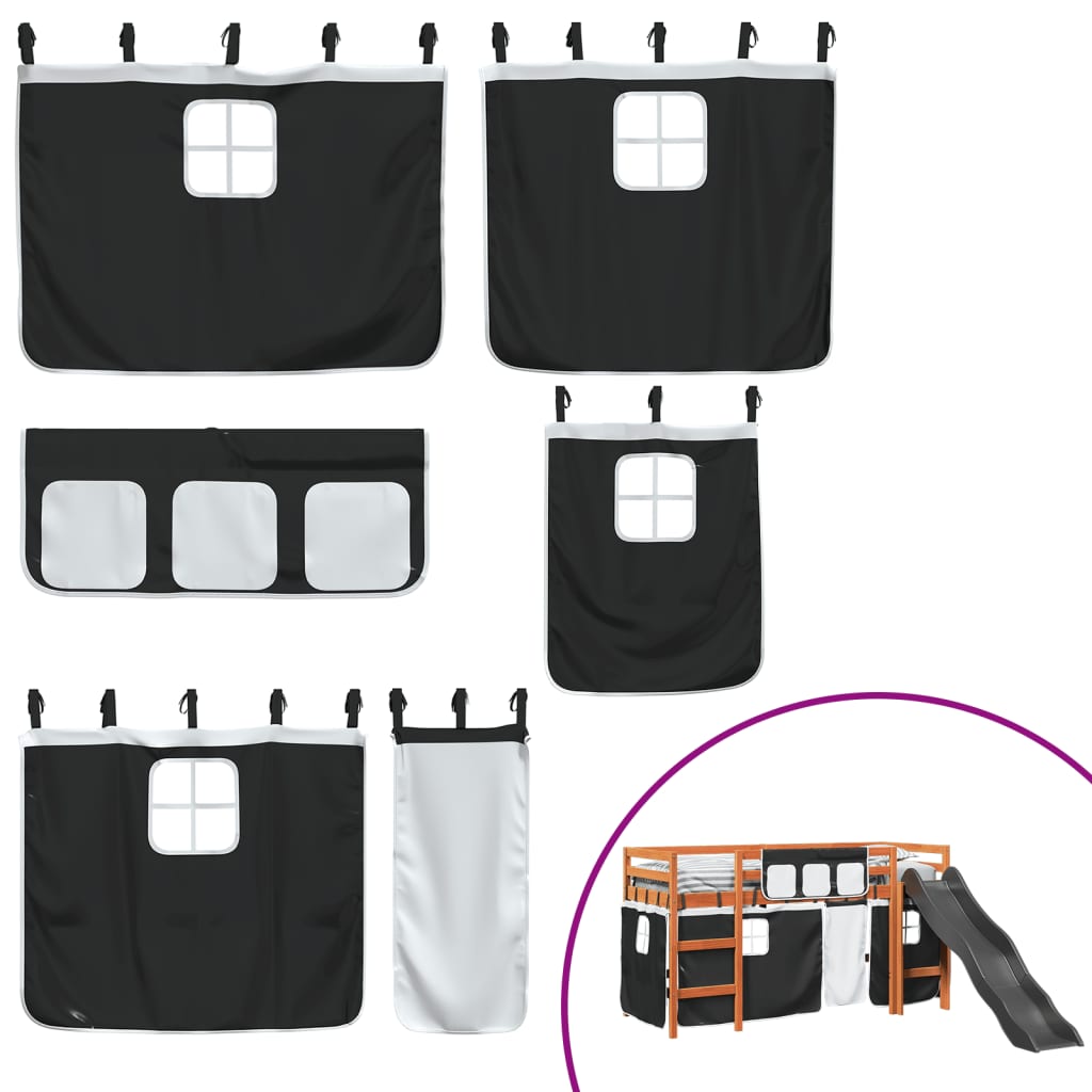 Letto A Soppalco Con Tende Bambini Bianco E Nero 90x200 Cm Pino - Image 5